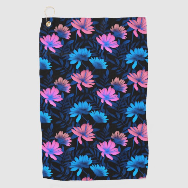 Glowing Neon Flowers Pattern Golf Towel (Front)