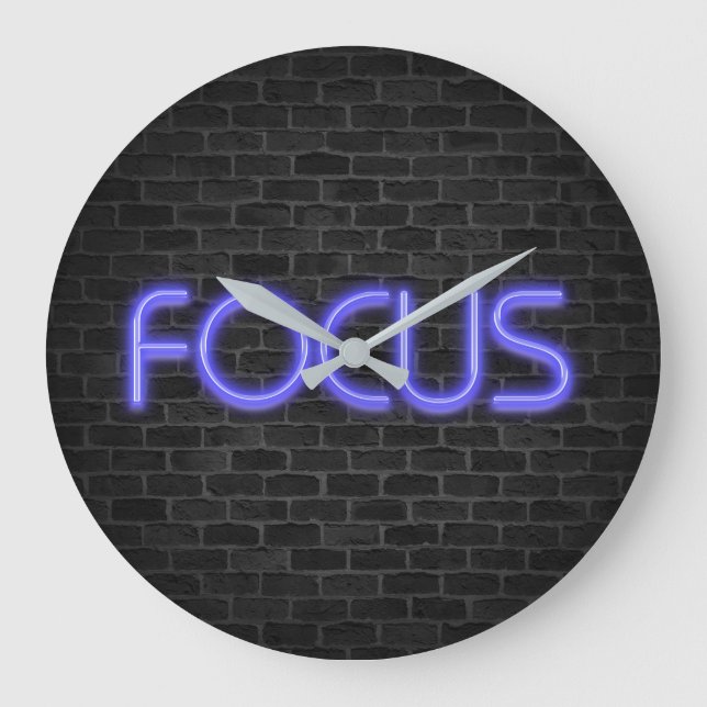 glowing neon Focus text on brick Large Clock (Front)