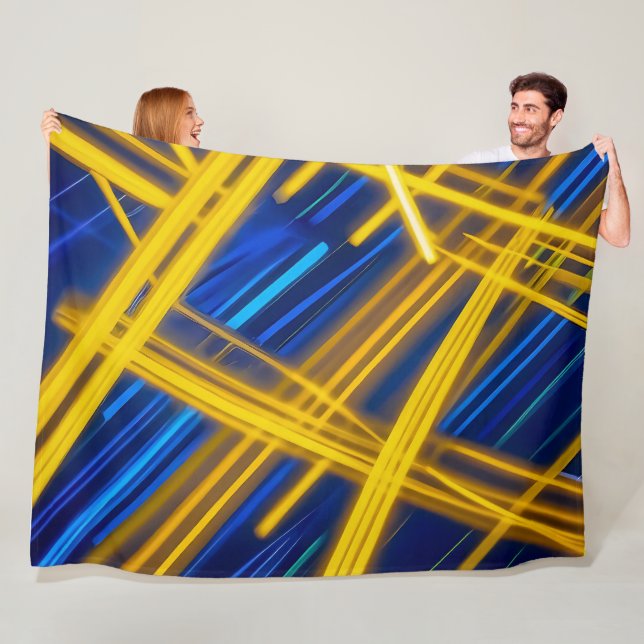 Glowing Neon Geometric Blue Yellow Dark Abstract Fleece Blanket (In Situ)