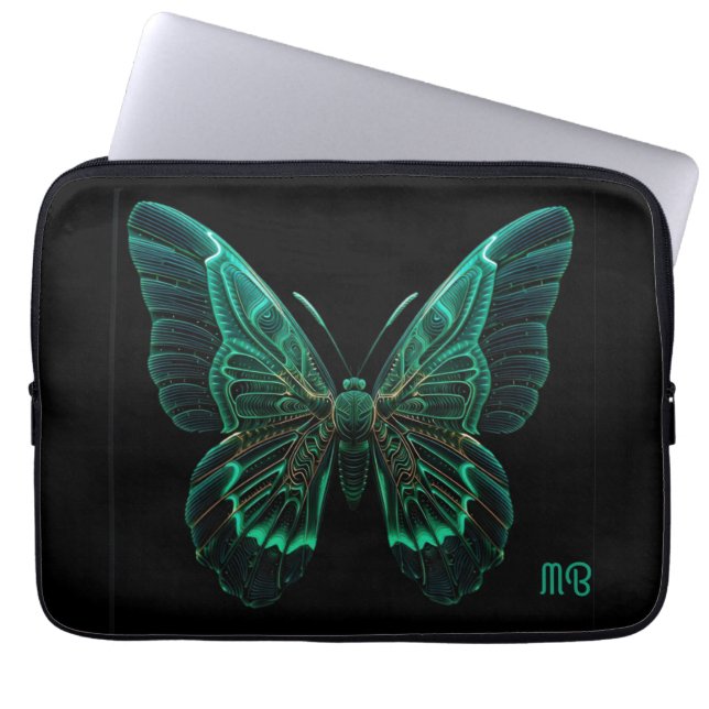 Glowing Neon Green Teal Butterfly Art Laptop Sleeve (Front)
