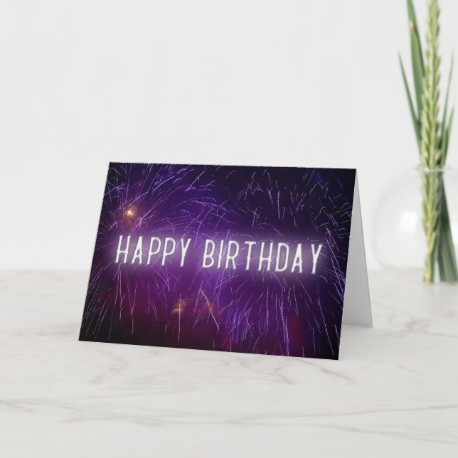 glowing neon happy birthday in fireworks card (Front)