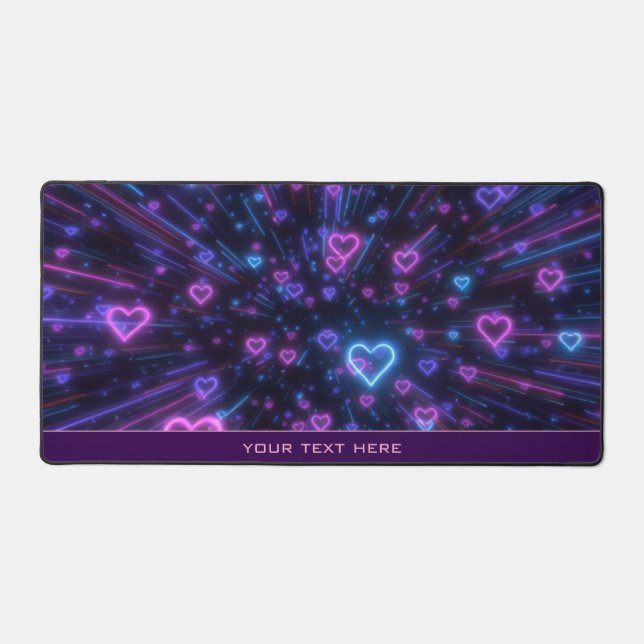 Glowing Neon Heart Galaxy Cosmic Love Burst Desk Mat (Front)