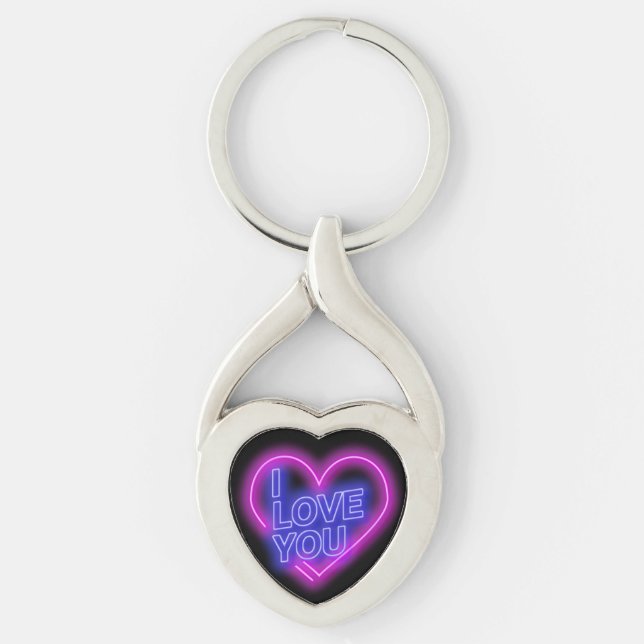 Glowing Neon Look Pink Blue Valentine Heart Key Ring (Front)