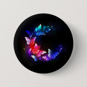 Glowing Neon Night Butterflies on Black background 6 Cm Round Badge