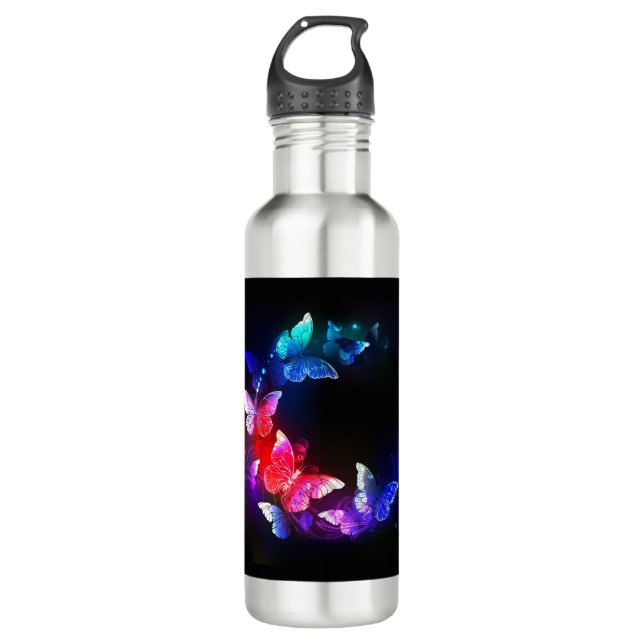 Glowing Neon Night Butterflies on Black background 710 Ml Water Bottle (Front)