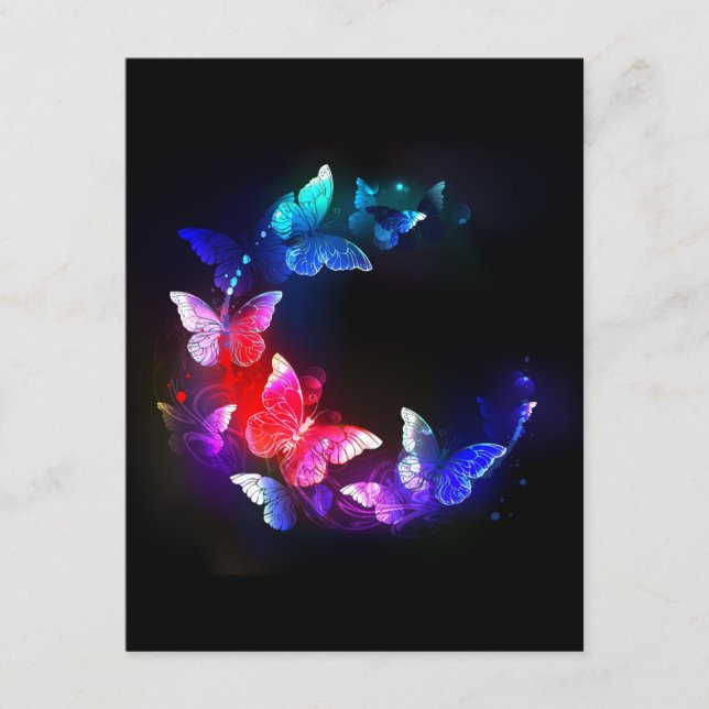 Glowing Neon Night Butterflies on Black background Advice Card (Front)