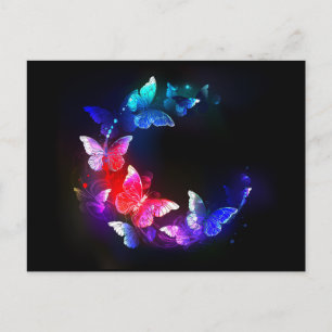 Glowing Neon Night Butterflies on Black background Announcement Postcard