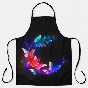 Glowing Neon Night Butterflies on Black background Apron