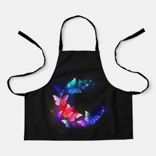 Glowing Neon Night Butterflies on Black background Apron