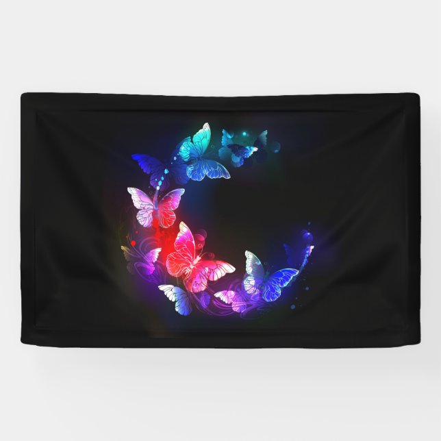 Glowing Neon Night Butterflies on Black background Banner (Horizontal)