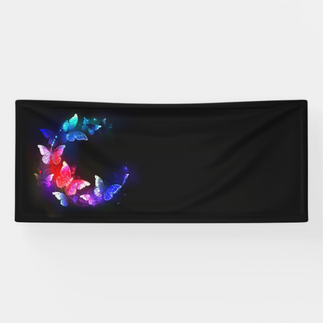 Glowing Neon Night Butterflies on Black background Banner (Horizontal)
