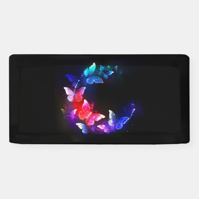 Glowing Neon Night Butterflies on Black background Banner (Horizontal)