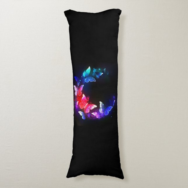 Glowing Neon Night Butterflies on Black background Body Cushion (Front Vertical)
