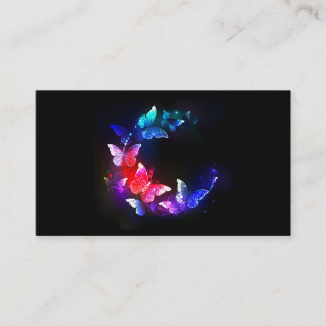 Glowing Neon Night Butterflies on Black background Business Card (Front)