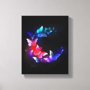 Glowing Neon Night Butterflies on Black background Canvas Print