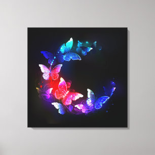 Glowing Neon Night Butterflies on Black background Canvas Print