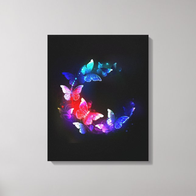 Glowing Neon Night Butterflies on Black background Canvas Print (Front)