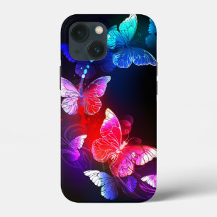 Glowing Neon Night Butterflies on Black background iPhone 13 Mini Case