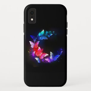 Glowing Neon Night Butterflies on Black background iPhone XR Case