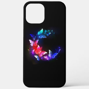 Glowing Neon Night Butterflies on Black background iPhone 12 Pro Max Case