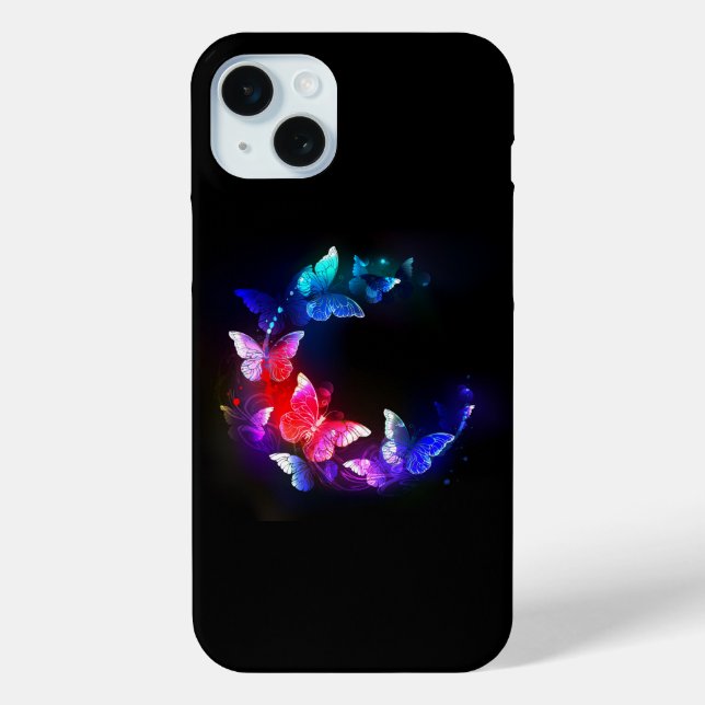 Glowing Neon Night Butterflies on Black background Case-Mate iPhone Case (Back)