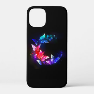 Glowing Neon Night Butterflies on Black background iPhone 12 Mini Case