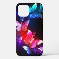 Glowing Neon Night Butterflies on Black background