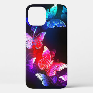 Glowing Neon Night Butterflies on Black background iPhone 12 Pro Case