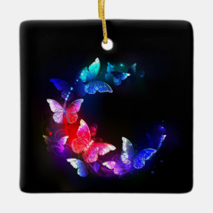 Glowing Neon Night Butterflies on Black background Ceramic Ornament