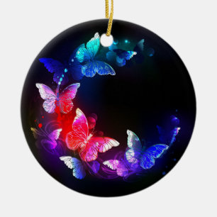 Glowing Neon Night Butterflies on Black background Ceramic Tree Decoration