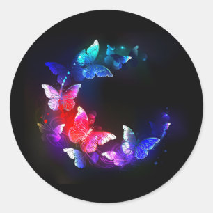Glowing Neon Night Butterflies on Black background Classic Round Sticker