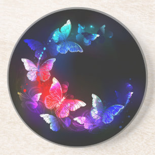 Glowing Neon Night Butterflies on Black background Coaster