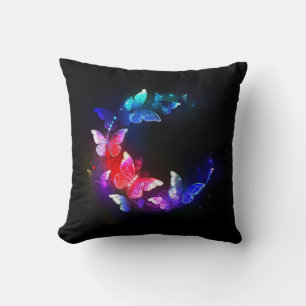 Glowing Neon Night Butterflies on Black background Cushion