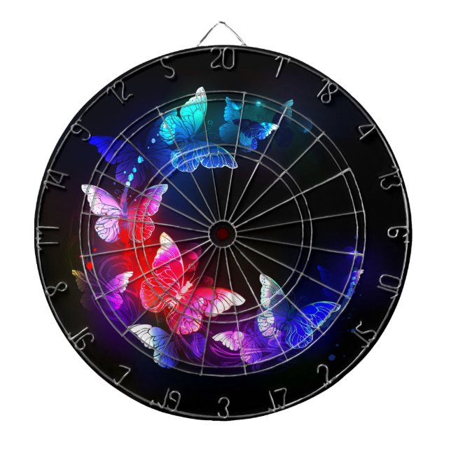 Glowing Neon Night Butterflies on Black background Dartboard (Front)