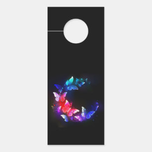 Glowing Neon Night Butterflies on Black background Door Hanger