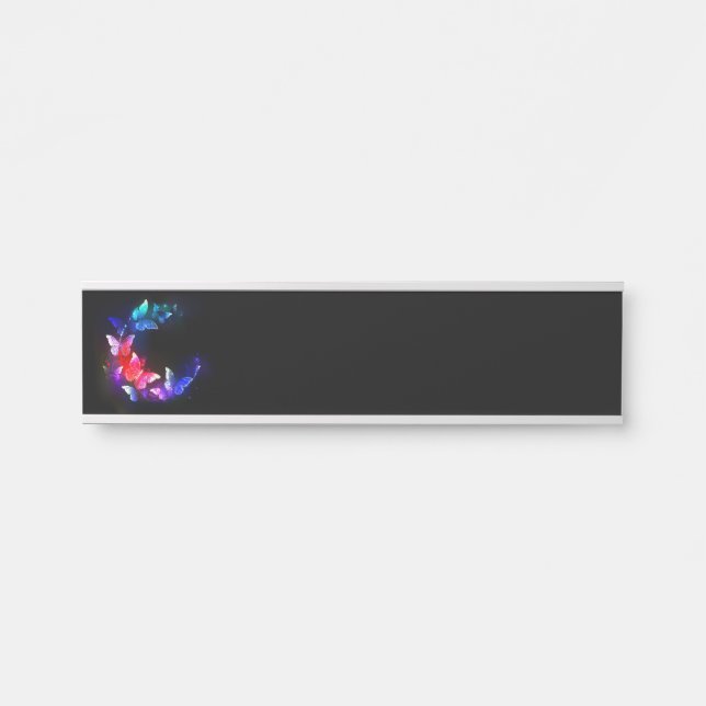 Glowing Neon Night Butterflies on Black background Door Sign (Front)