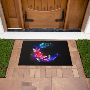 Glowing Neon Night Butterflies on Black background Doormat