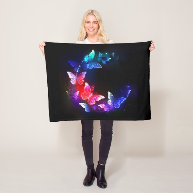Glowing Neon Night Butterflies on Black background Fleece Blanket (In Situ)