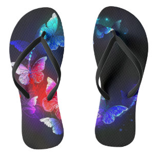 Glowing Neon Night Butterflies on Black background Flip Flops