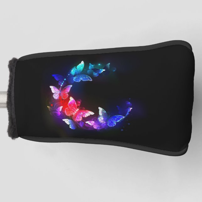 Glowing Neon Night Butterflies on Black background Golf Head Cover (Front)