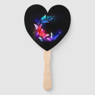 Glowing Neon Night Butterflies on Black background Hand Fan