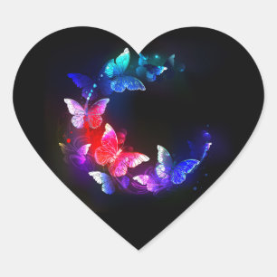 Glowing Neon Night Butterflies on Black background Heart Sticker