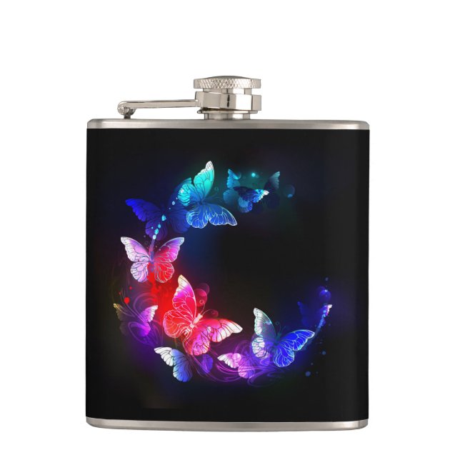 Glowing Neon Night Butterflies on Black background Hip Flask (Front)