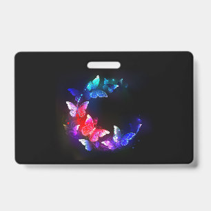 Glowing Neon Night Butterflies on Black background ID Badge