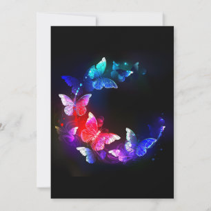 Glowing Neon Night Butterflies on Black background Invitation