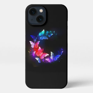 Glowing Neon Night Butterflies on Black background iPhone 13 Case