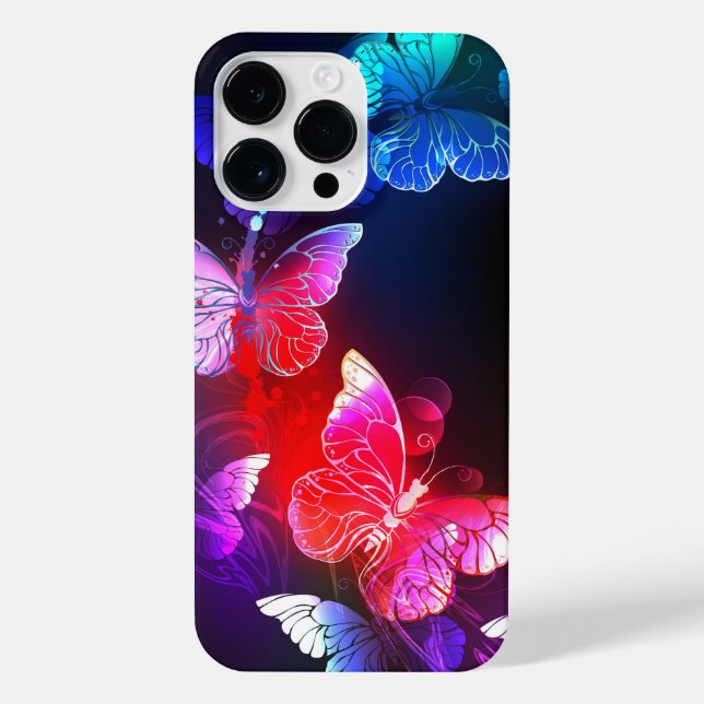 Glowing Neon Night Butterflies on Black background iPhone Case (Back)
