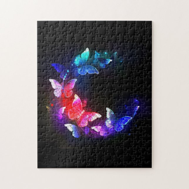 Glowing Neon Night Butterflies on Black background Jigsaw Puzzle (Vertical)