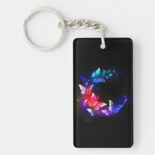 Glowing Neon Night Butterflies on Black background Key Ring