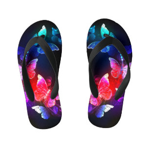Glowing Neon Night Butterflies on Black background Kid's Flip Flops